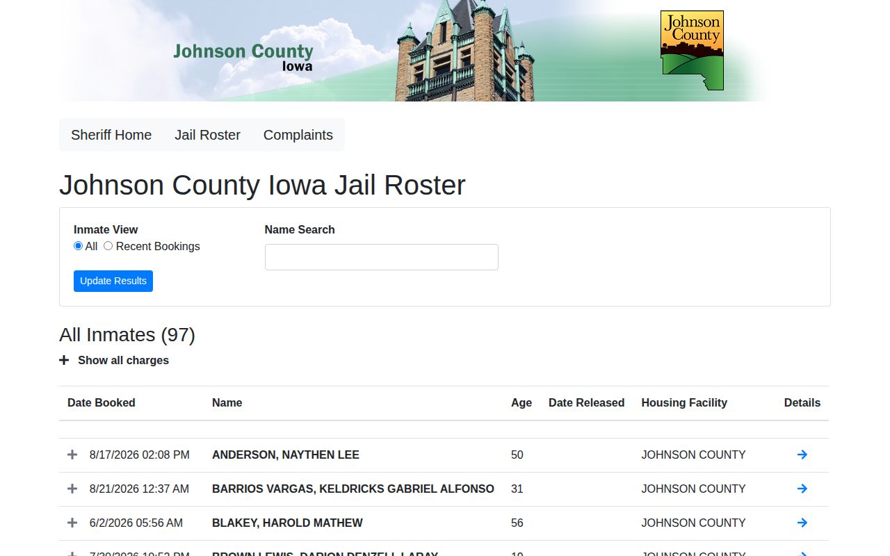 Johnson County official jail roster and recent booking controls