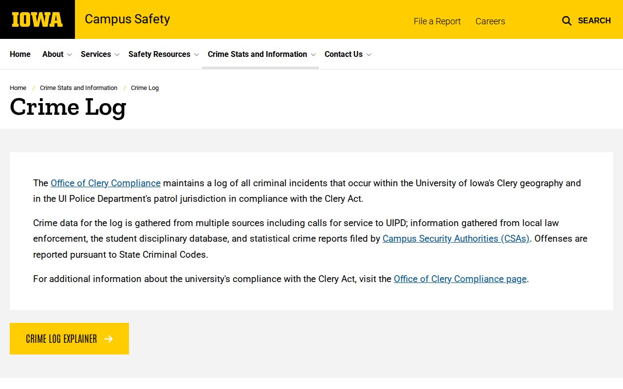 University of Iowa public Crime Log interface