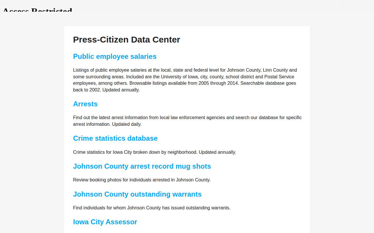 Press-Citizen Data Center page directing arrest readers to county records